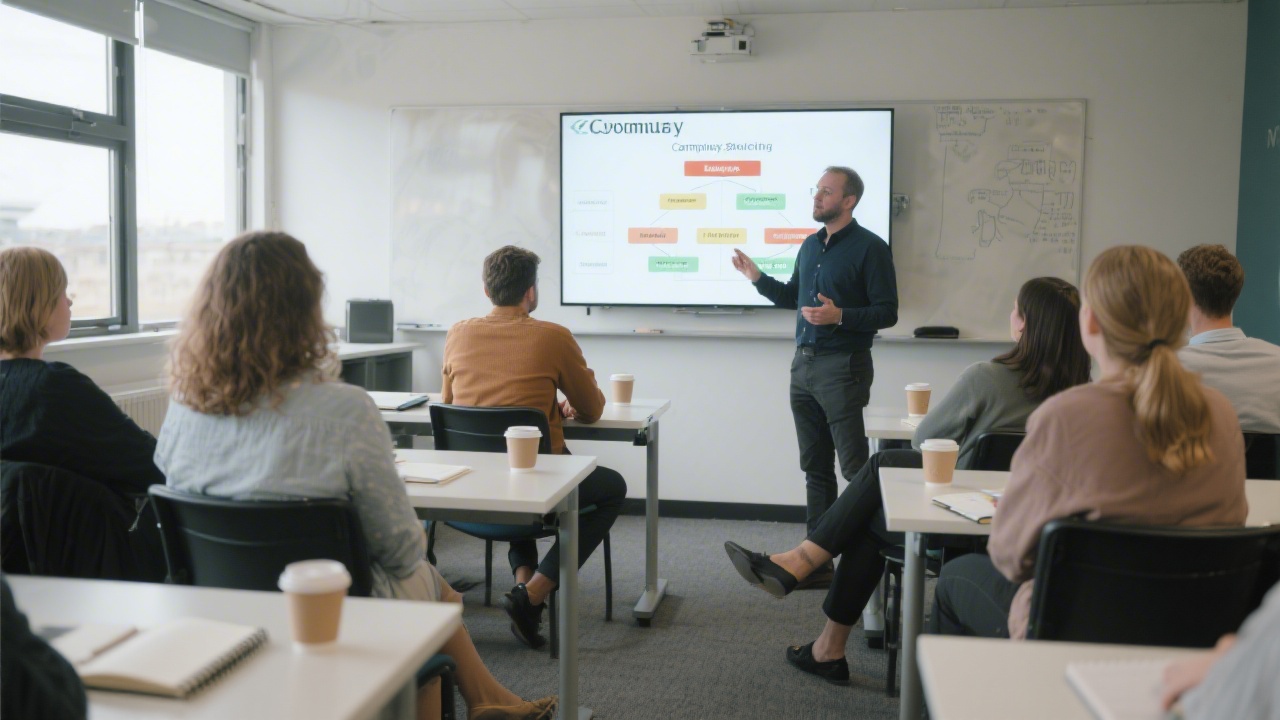 Participants sitting in a modern Cork classroom with a facilitator explaining campaign structure on a screen, notebooks and coffee cups on desks, and relaxed professional atmosphere.