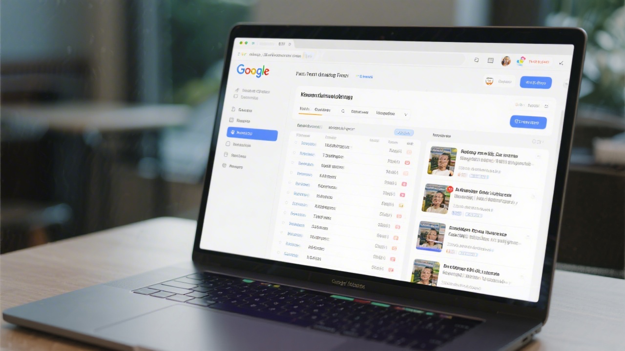 Laptop screen showing a Google Ads campaign setup with keyword lists and ad previews, representing a practical training environment for paid search learning.