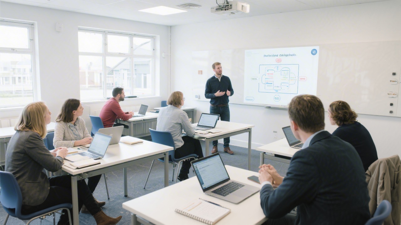 Bright classroom in a modern Cork training space with small business owners reviewing marketing plans, laptops open, notebooks on tables, and a facilitator presenting a practical framework.