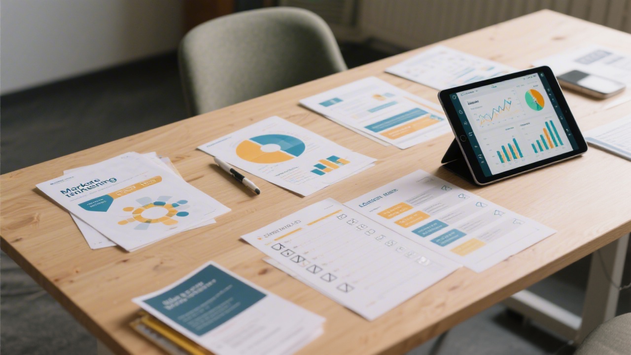 Table with marketing templates, printed checklists, and a tablet showing analytics, representing practical resources used during small business training sessions.