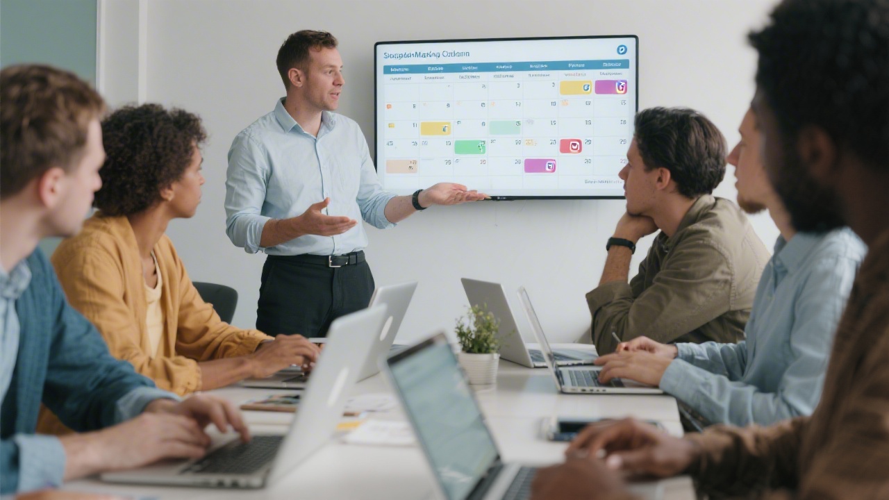 Marketing trainer guiding participants through social media planning with laptops and content calendars, focusing on practical execution for small business teams.