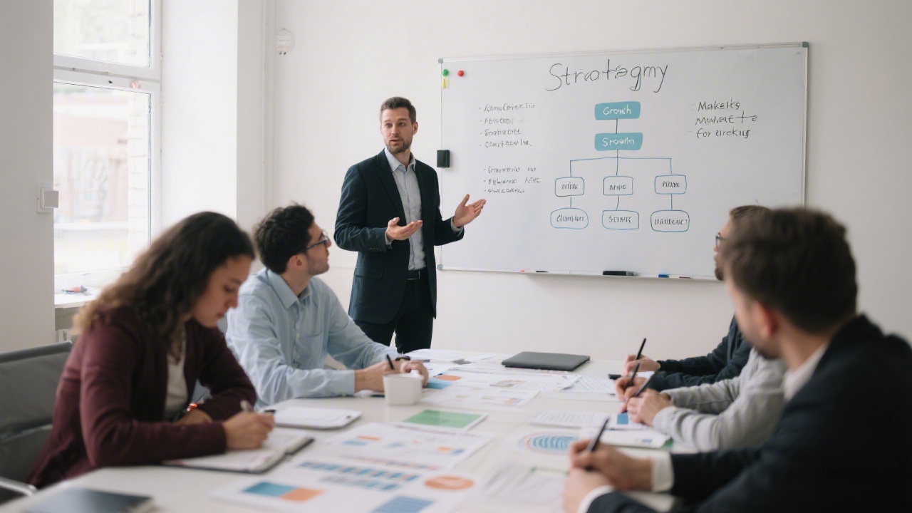 Workshop scene with a facilitator explaining a marketing funnel on a whiteboard, participants taking notes, and a structured approach to planning campaigns.