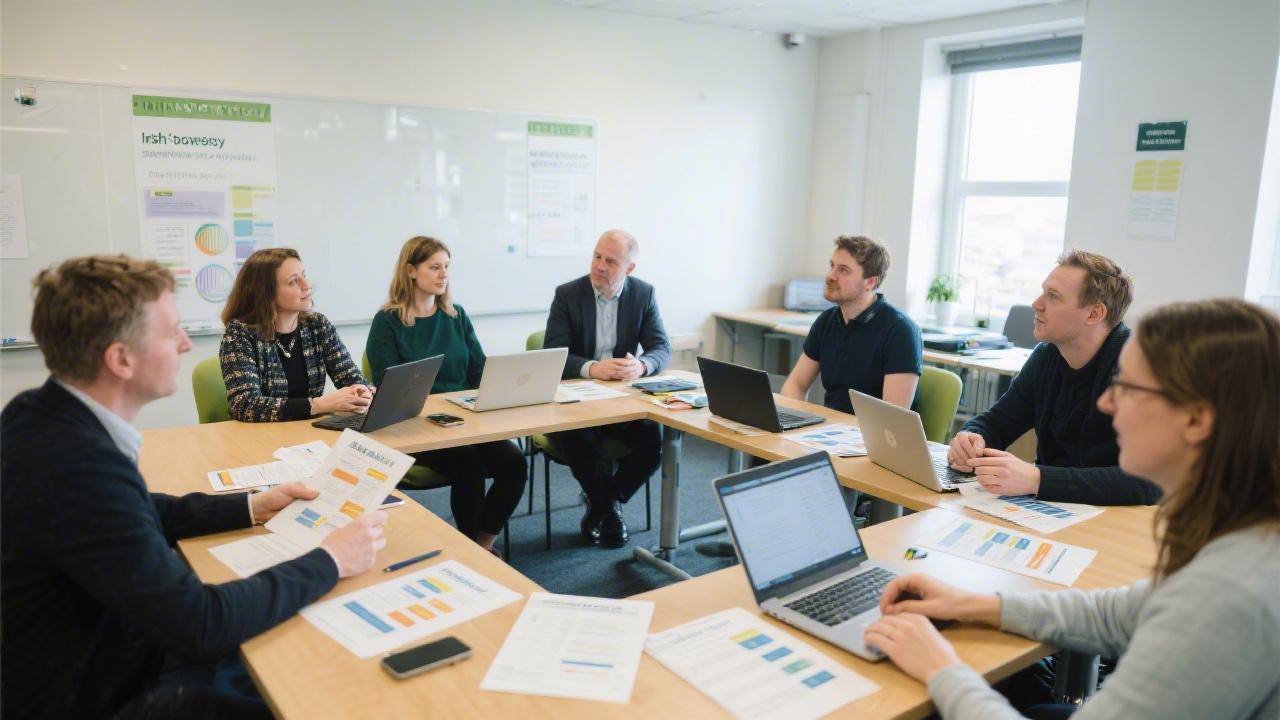 Small group workshop with Irish small business owners discussing marketing goals, using printed worksheets and laptops in a bright training room with a practical, collaborative setup.